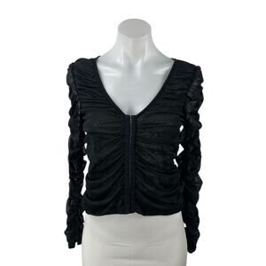 NA-KD Women's Black Mesh Ruched Long Sleeve V-neck Crop Corset Blouse Top Sz XS